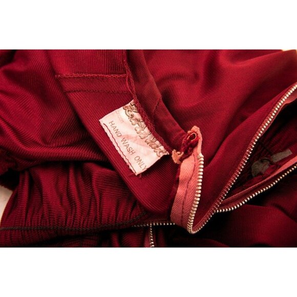 Vintage 1970's Burgundy Zainit London Maxi Dress Plunging Neckline Smocked Waist - Picture 3 of 9